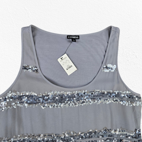 Express Silver Sequin Tank Top Glam Y2K Partywear Scoop Neck Tank Size Large - Picture 3 of 8